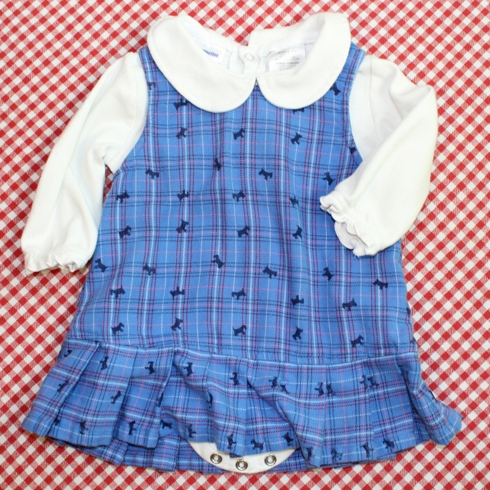 Vintage 12 month blue plaid Scotty dog dress collared long sleeve attached